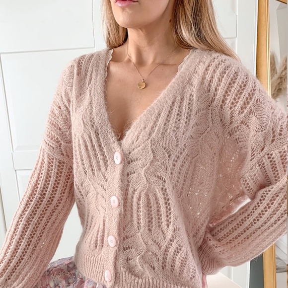 🎥 Hollow Out Pink Buttoned V-Neck Cardigan - Picture 12 of 17